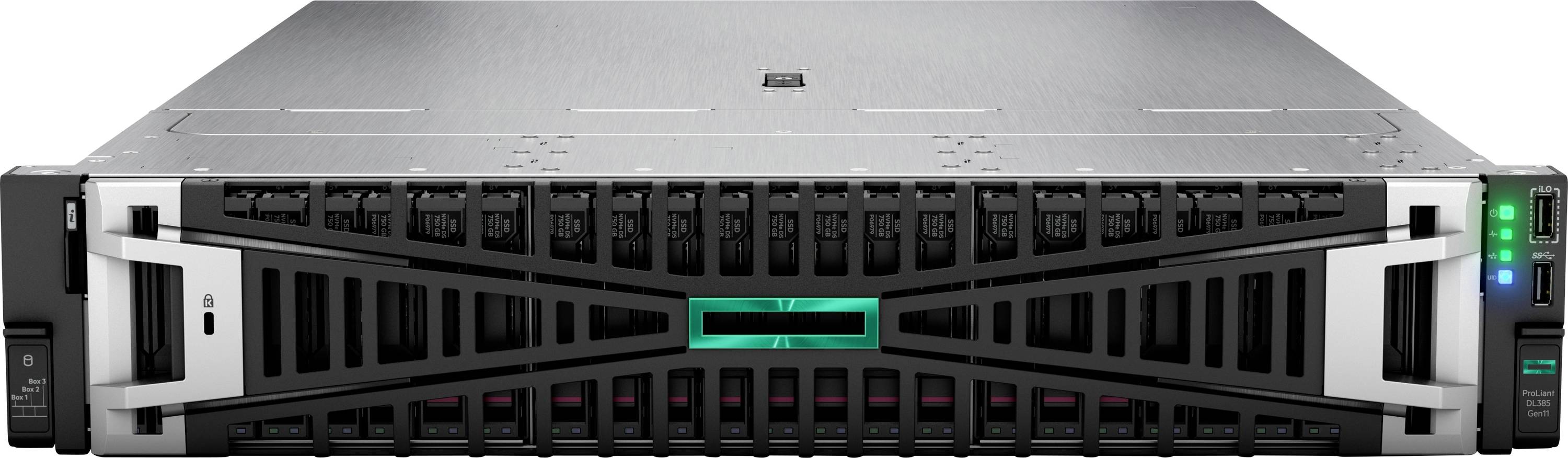 En sort og sølvfarvet rack-monteret server med et centralt logo, en ventileret frontpanel og indikatorlamper på højre side.