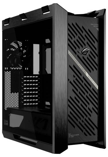 En strømlinet sort computerkasse med et gennemsigtigt sidepanel, der viser indvendige komponenter, ventilationsdesign og en front ROG-logo.