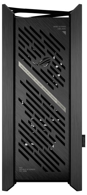 'ROG Strix' gaming-pc-kabinet med elegant sort design og geometriske udskæringer, med brandningstekst for ASUS Republic of Gamers.