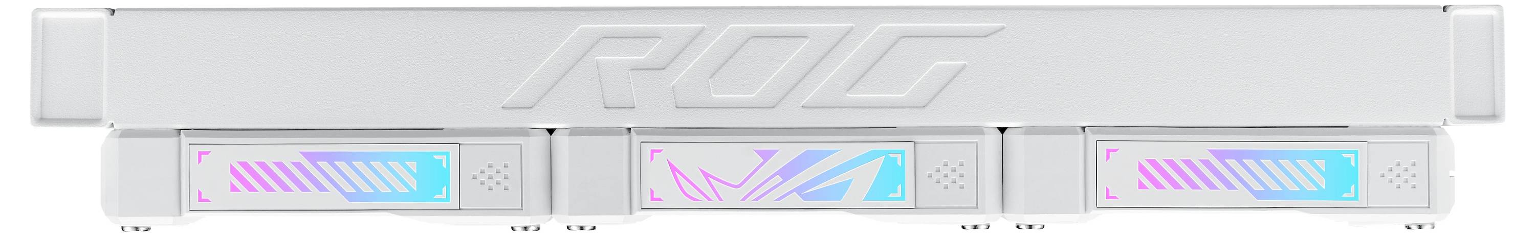 En hvid ROG-telefon køleanordning med tre RGB-belyste blæsere, der lyser i blå og lyserøde farver, er vist.