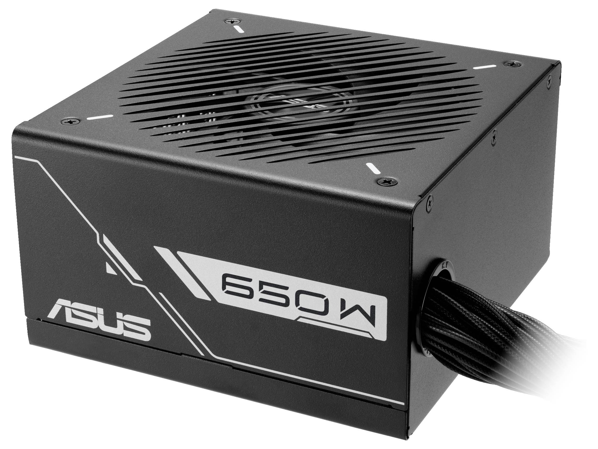 En sort ASUS 650W strømforsyningsenhed med en ventilator øverst og flettede kabler, der strækker sig ud fra siden.