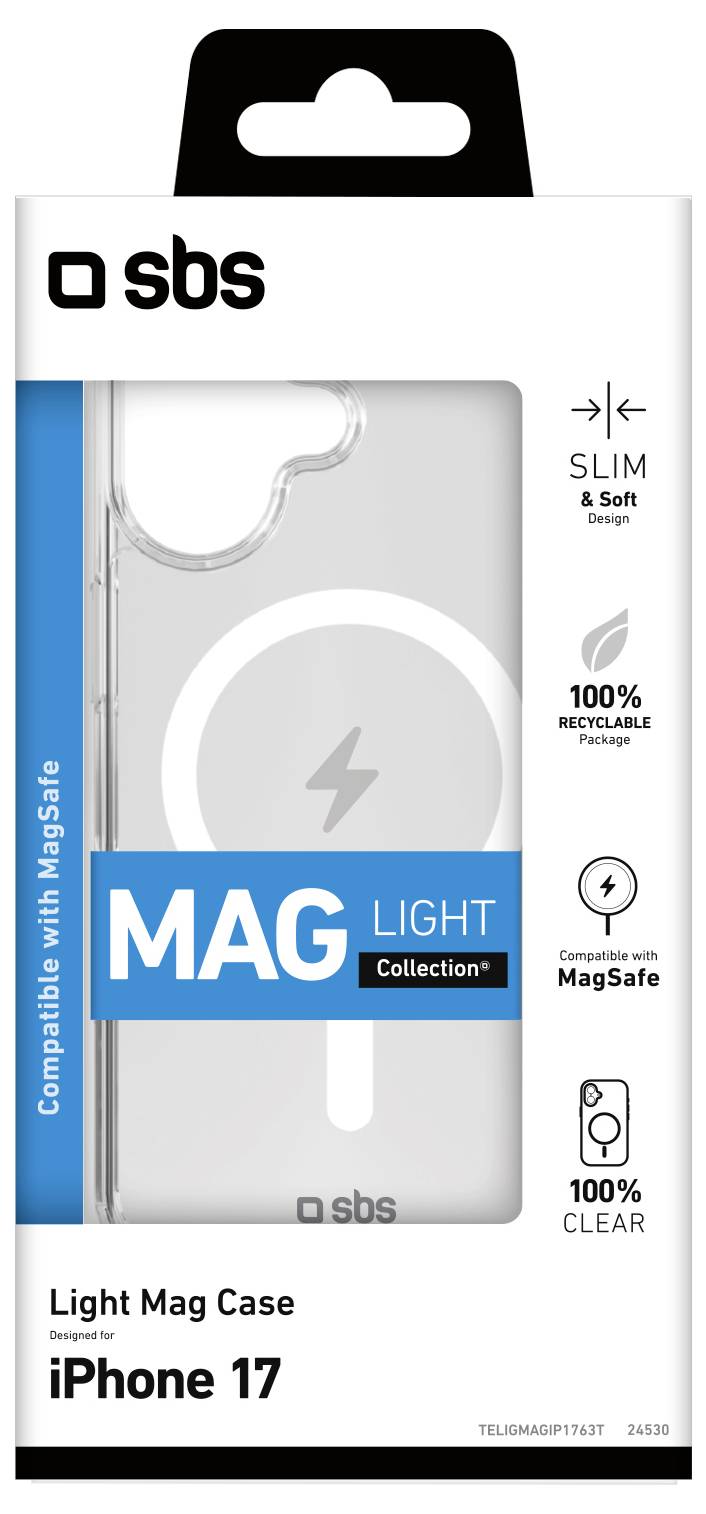 'iPhone 17' let magnetisk etui. Funktioner omfatter MagSafe-kompatibilitet, slankt design, 100% genanvendeligt og klart materiale.