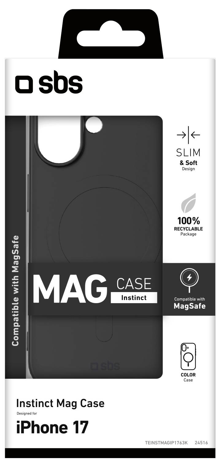 'SBS Instinct Mag Case' cover til iPhone 17, med en slank, blød og 100% genanvendelig design. Kompatibel med MagSafe.