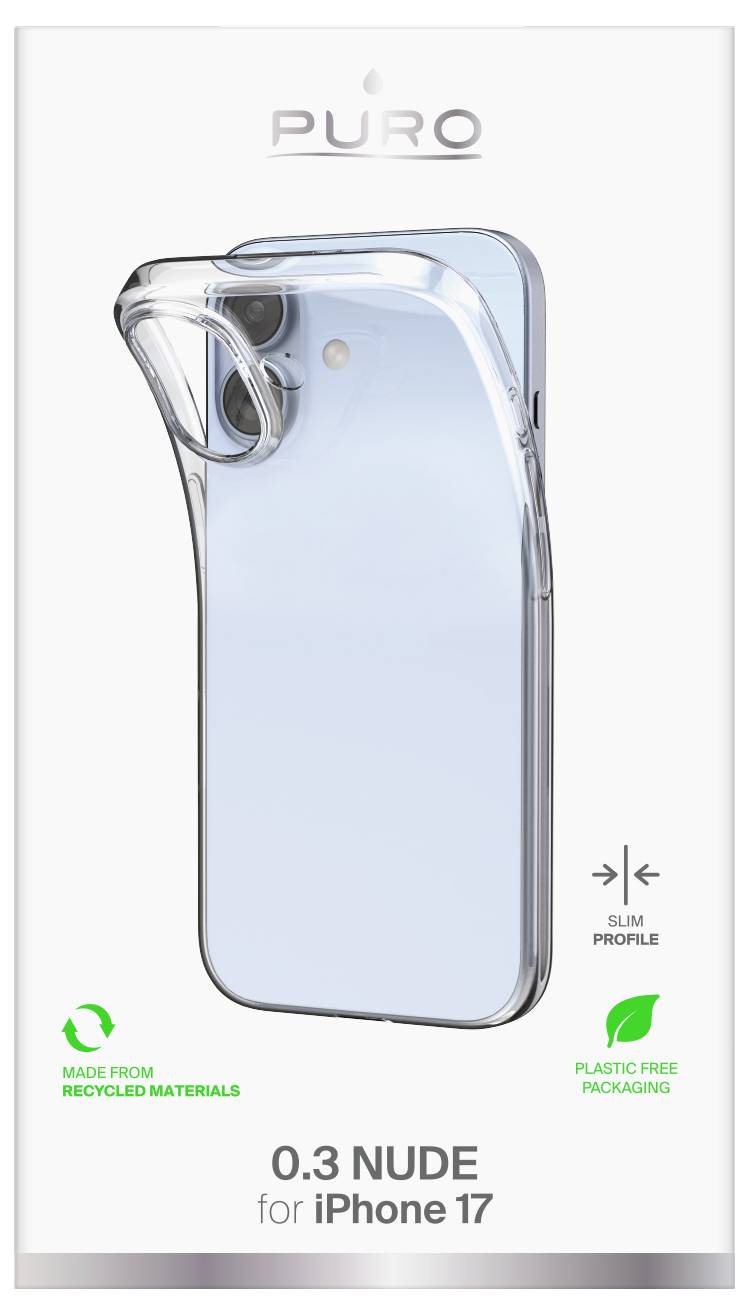 iPhone 17 slim, gennemsigtig beskyttelsescover-emballage mærket '0.3 Nude', fremstillet af genbrugsmaterialer og fri for plast.