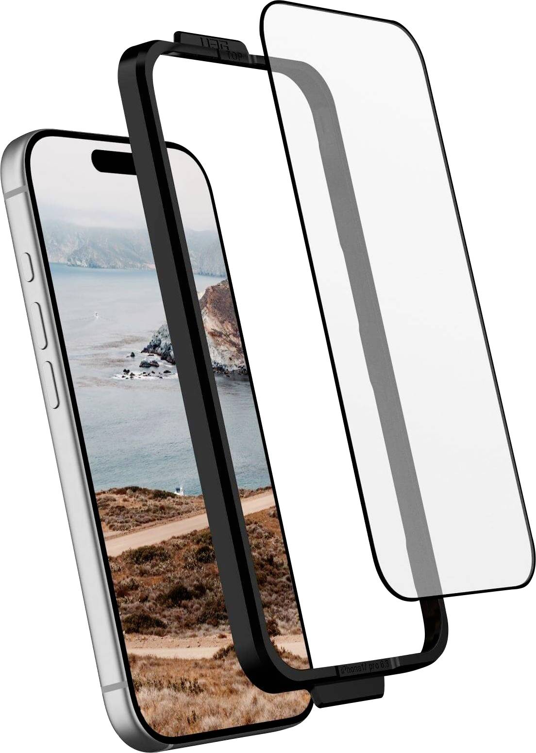 En smartphone med et robust cover viser et kyslandskab. En skærmbeskytter svæver over, hvilket antyder installation for yderligere beskyttelse.