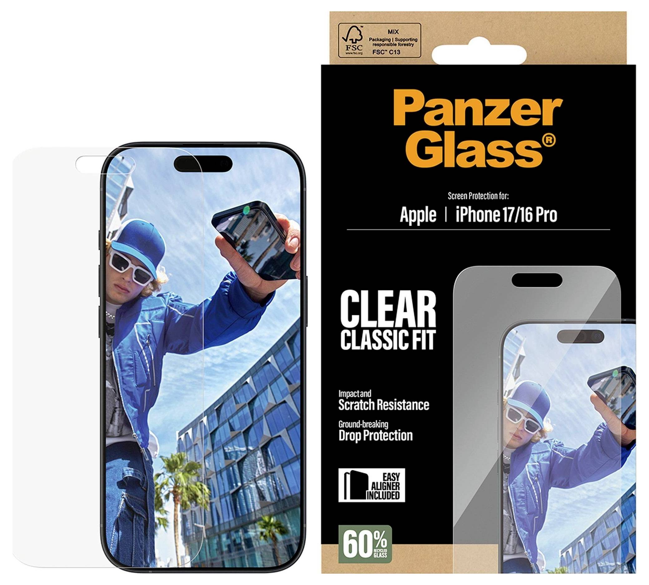 Pakke med Panzer Glass skærmbeskytter til Apple iPhone 17/16 Pro ved siden af en telefon, der viser en mand, der skateboard i et bybillede.