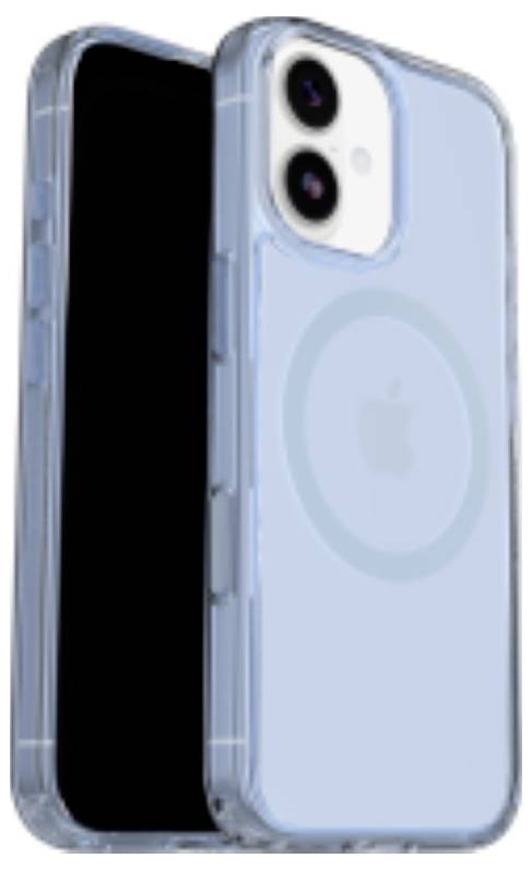Et gennemsigtigt iPhone-etui med en MagSafe-ring, vist ved siden af en iPhone, som fremhæver etuiets design på bagsiden og langs siderne.