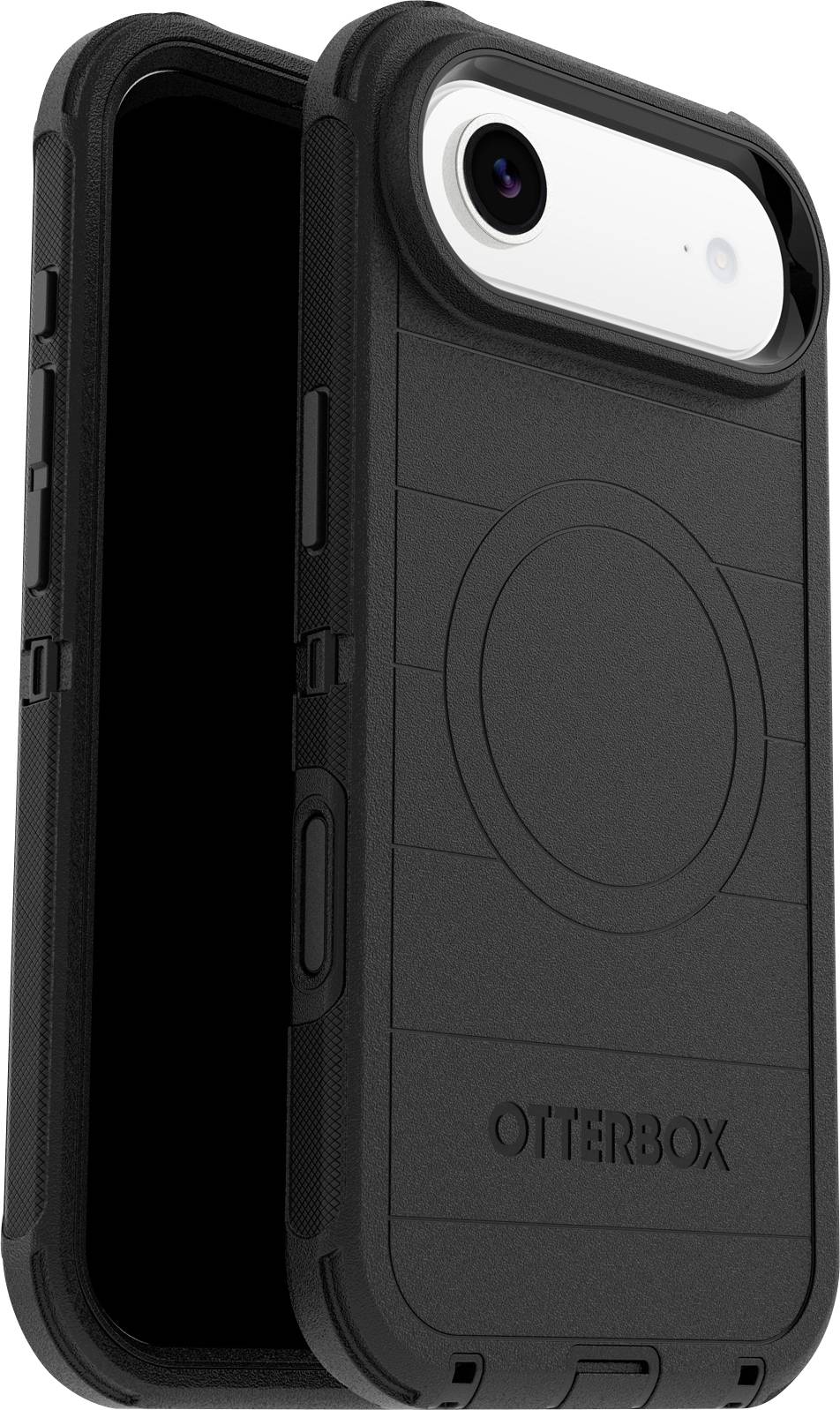 Et sort Otterbox-telefoncover med et cirkulært mønster på bagsiden, designet til en kameramobiltelefon. Coveret er robust og beskyttende.