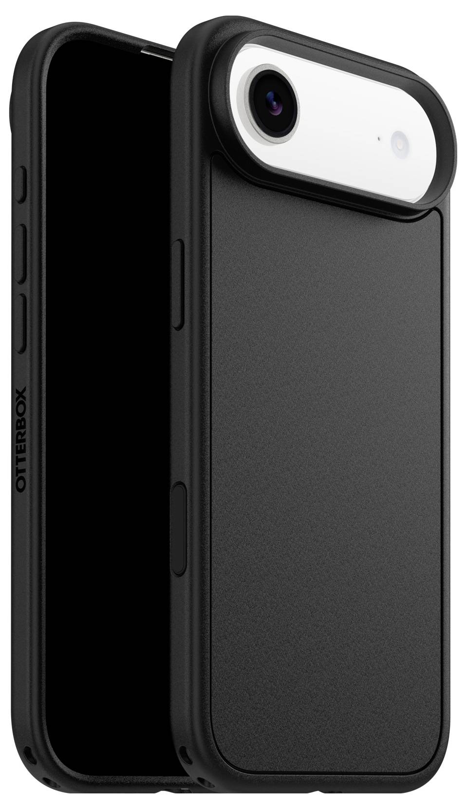 Et sort OtterBox telefonomslag med afrundede kanter, designet til en smartphone, vist åben for at vise den ydre struktur og kameradækslet.