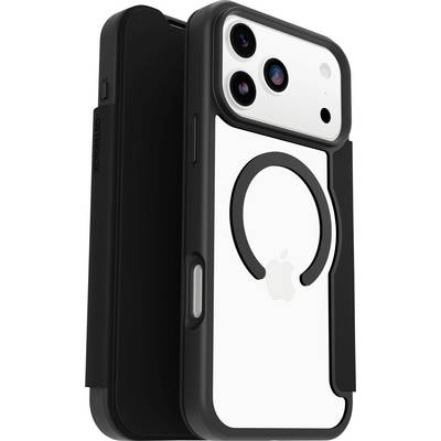 En smartphone i et sort etui med dobbelte kameraer og et Apple-logo på bagsiden, med en cirkulær mønster under kameraerne.
