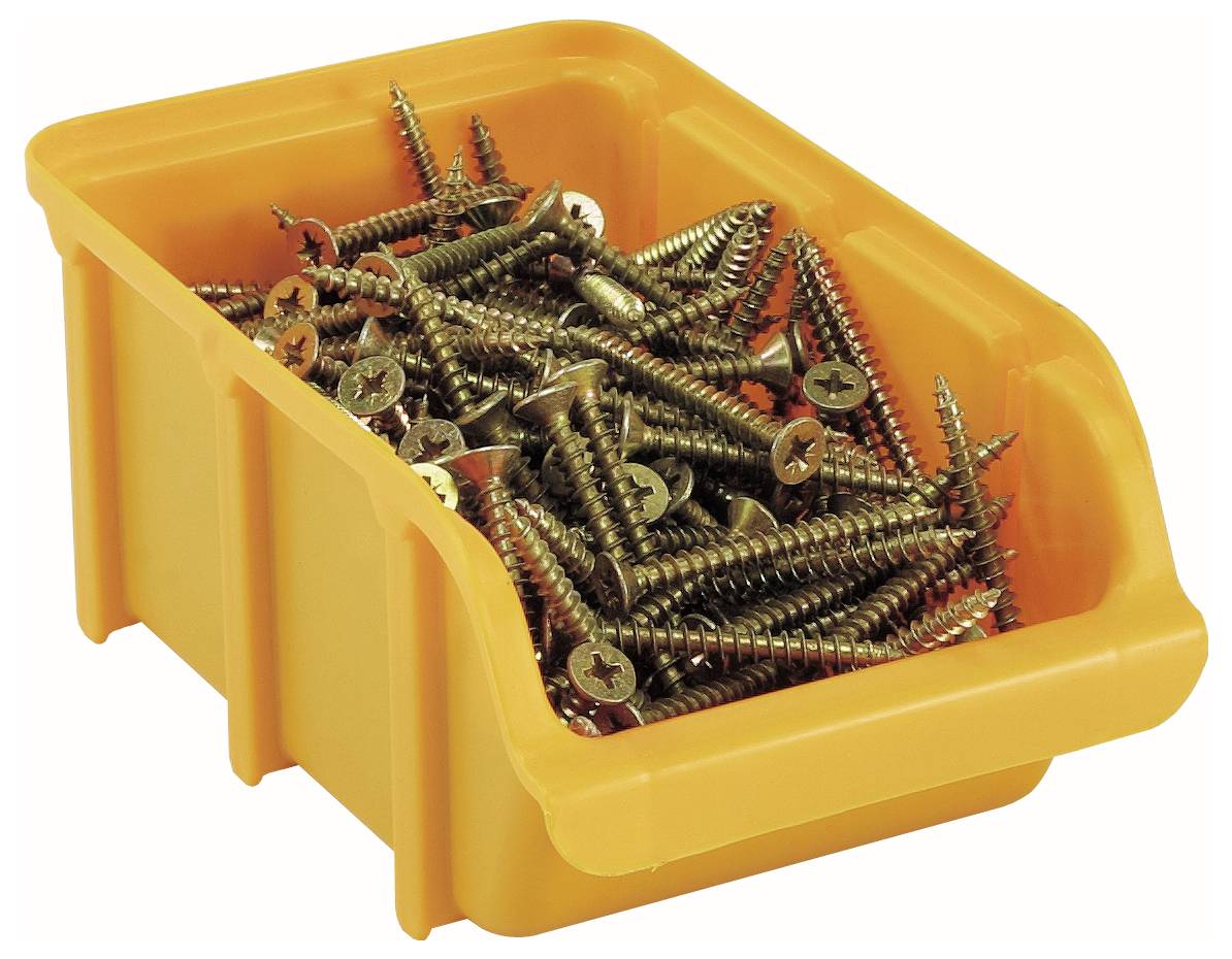 En orange plastikbeholder fyldt med metalskruer, hvor nogle skruer er vippet, så deres spidser og hoveder er synlige.
