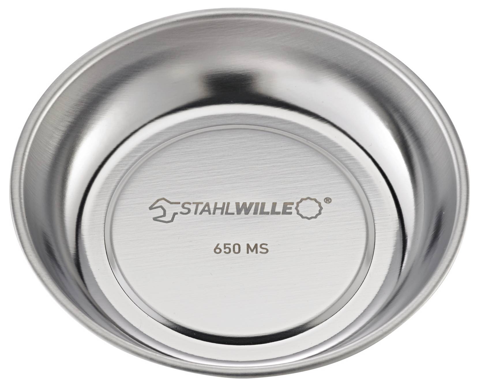 'Stahlwille 650 MS' rund metalskål, der reflekterer lyset på sin glatte overflade.