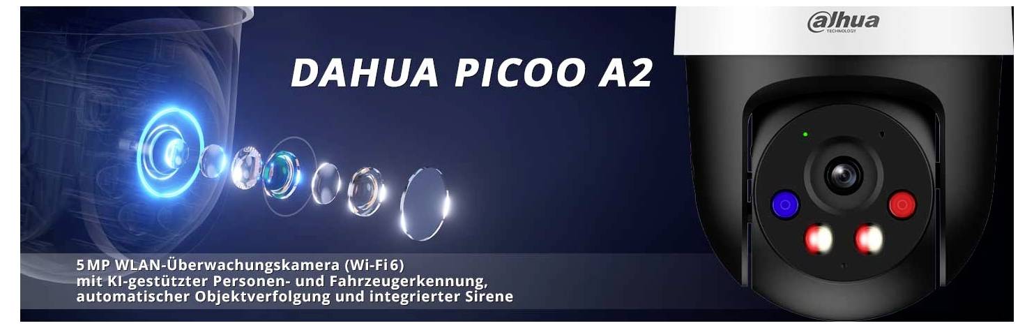 Dahua Picoo A2 5MP trådløst overvågningskamera med AI til person- og køretøjsdetektering, automatisk sporing og integreret sirene.