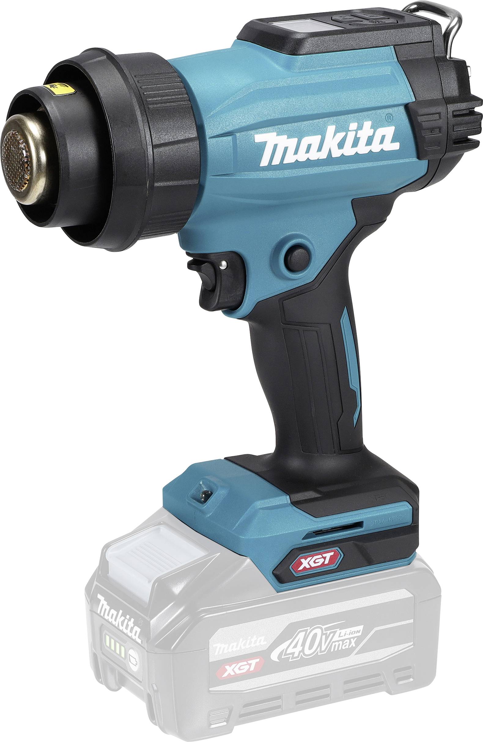 Et blåt og sort Makita XGT varmepistol-værktøj er vist frem. Værktøjet har et digitalt display og et grebshåndtag, designet til professionel brug.