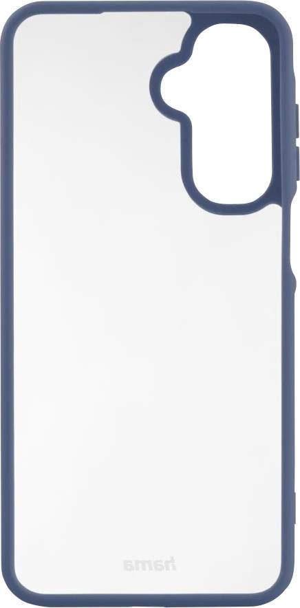 Et telefoncover med blå kant og klar bagside, designet til en smartphone med flere bagkameraer og et præget brand navn.
