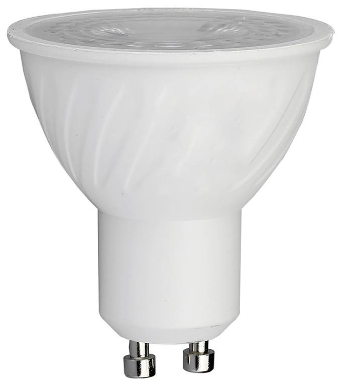 En hvid LED-pære med GU10-sokkel, egnet til brug i spotlys eller indbygningsarmaturer.