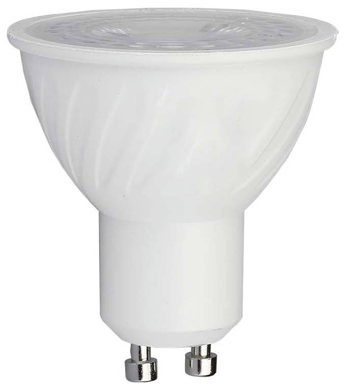 En hvid LED-pære med GU10-sokkel, vist mod en enkel baggrund.