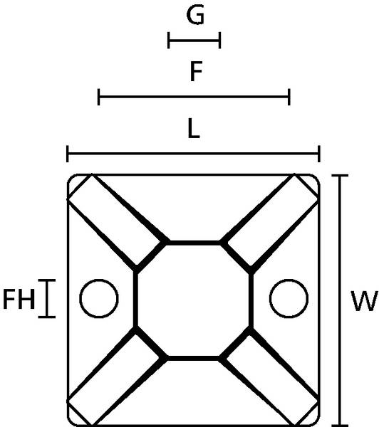 Teknisk diagram af et firkantet objekt med dimensioner angivet. 'L' angiver længde, 'F' mellemrum mellem kanter, 'G' indvendig åbning, 'FH' funktionshøjde og 'W' samlet bredde.