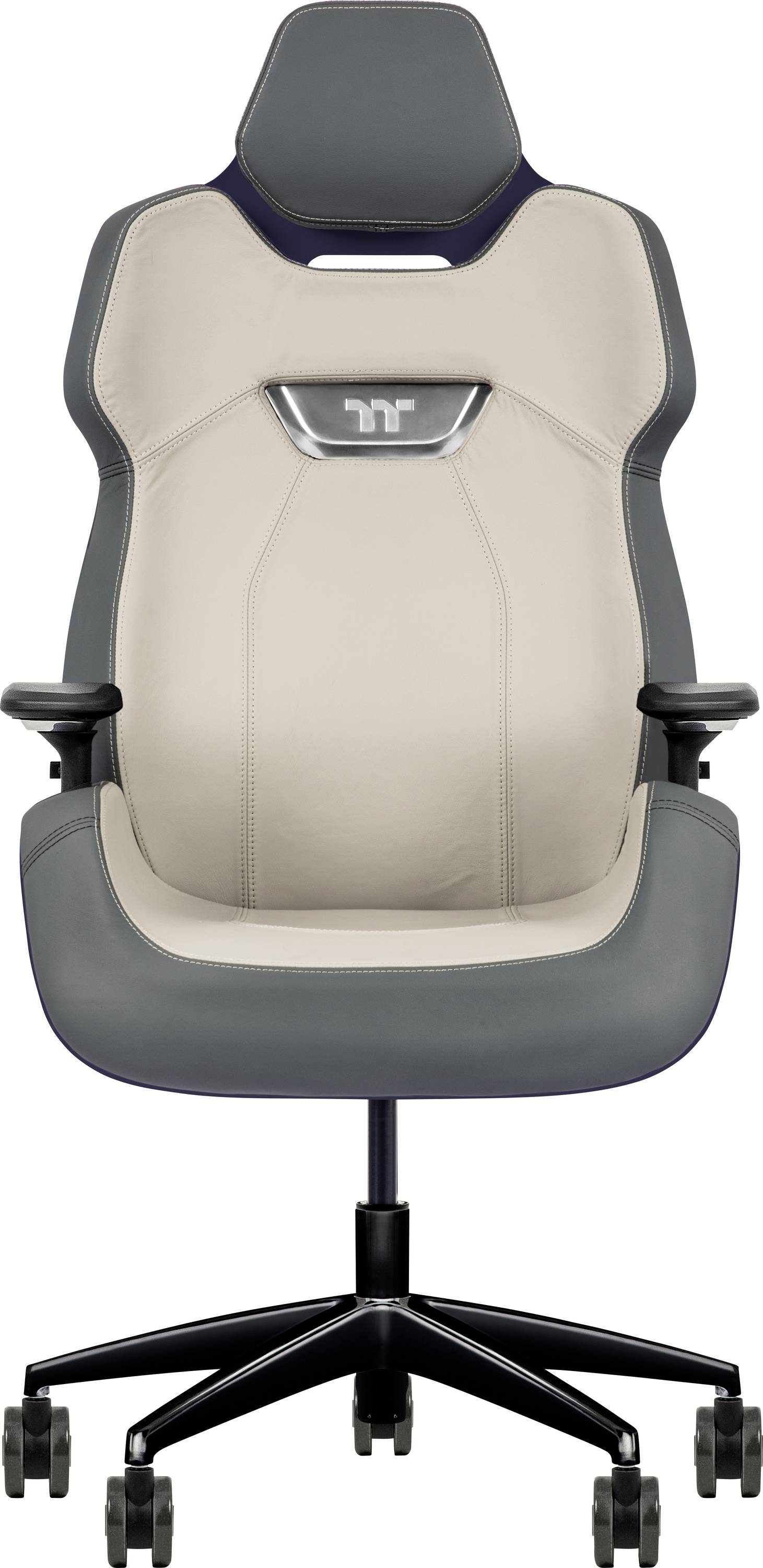 En grå og beige ergonomisk kontorstol med høj ryg, nakkestøtte og armlæn på hjul.
