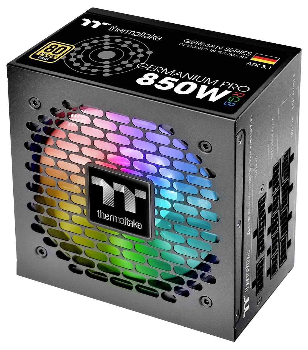 Thermaltake Germanium Pro 850W strømforsyning med RGB-belysning, der fremviser et metallisk ventileret design og flere outputporte.