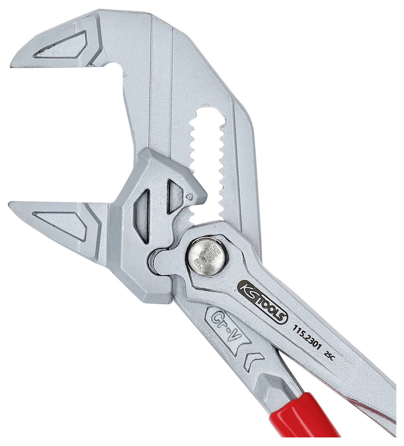 Justerbar skruenøgle med et sølvmetalfarvet hoved og røde håndtag, udstyret med et struktureret greb og mærket 'KS Tools' og 'Cr-V 115.2801'.