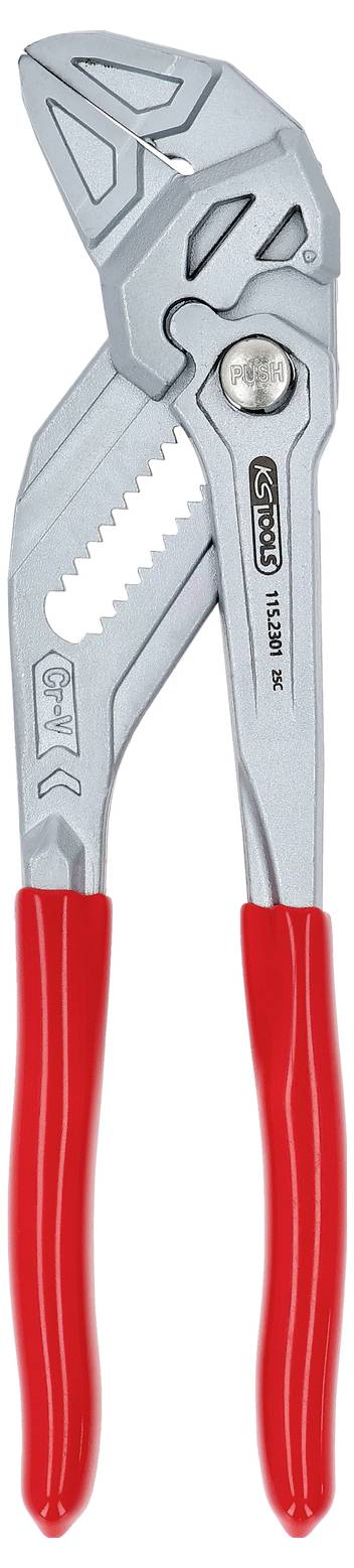 Sølvfarvede justerbare tænger med røde gummibeklædte håndtag.