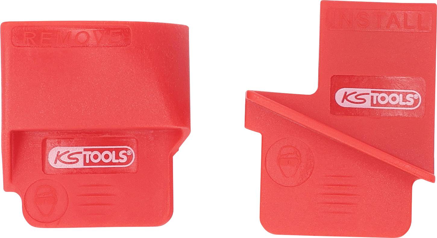 To komponenter i rødt mærket 'FJERN' og 'INSTALLER' med 'KS Tools' logoet, designet til en specifik mekanisk funktion.