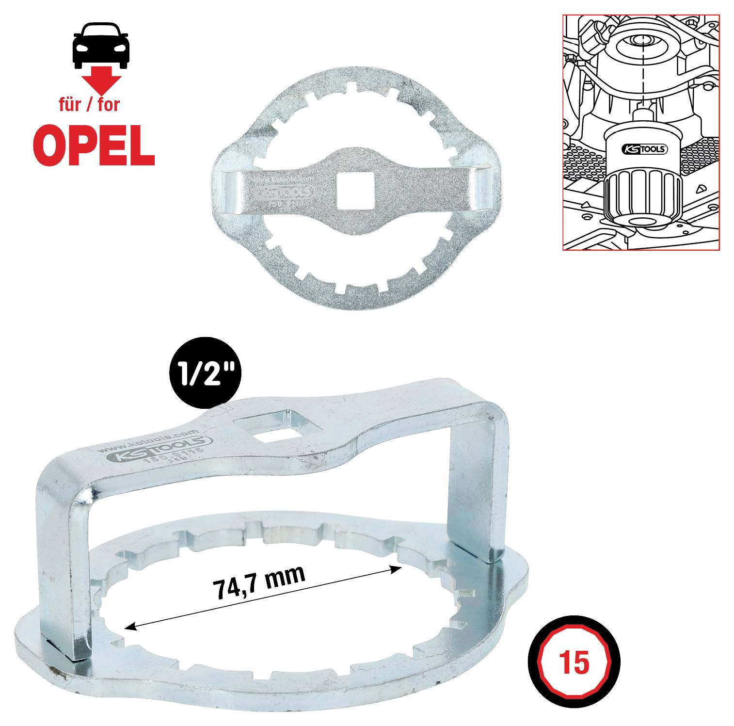 Metalhåndværktøj til Opel-køretøjer, konstrueret til et 1/2-tommers drev, med en diameter på 74,7 mm. Inkluderer en detaljeret nærbillede-diagram af værktøjet i brug.