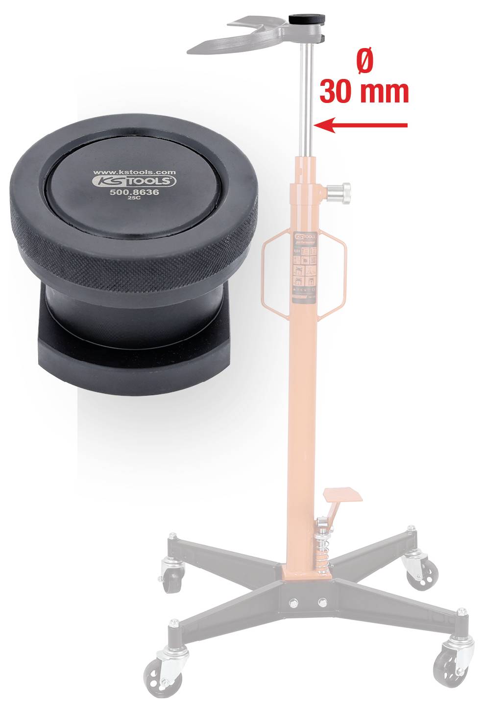 Astro Tools hjulnav kapsel fjernelsesværktøj med rund sort hoved og 30 mm diameter måling, vist på en hjulstand.