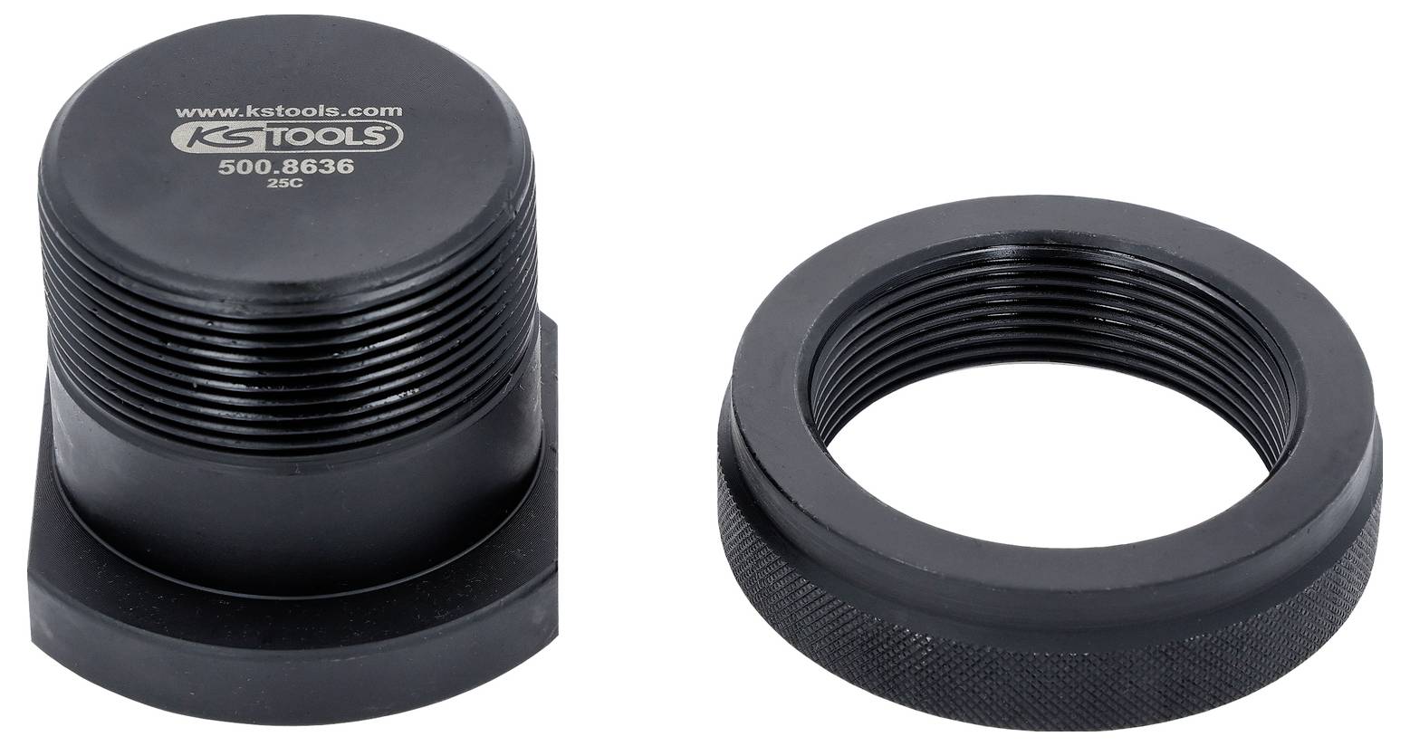 'En sort oliefilternøglechap og ring fra KTools. Chappen er mærket med hjemmesiden, modelnummer 500.8636 og størrelse 2KC.'