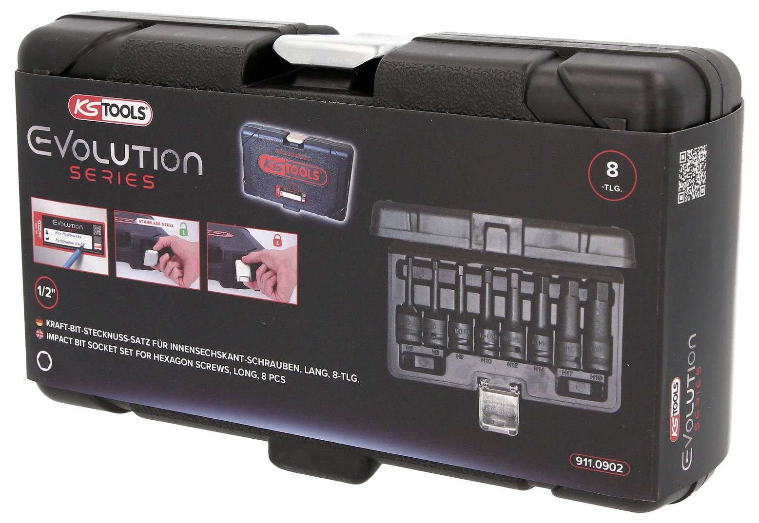 'KS Tools Evolution Series' sæt i sort etui indeholder 8 slagbitshylstre til sekskantede skruer, vist med produkt- og hylstrebilleder.