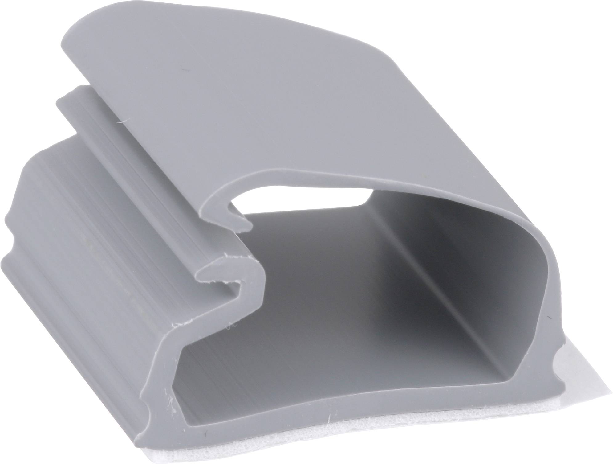 En grå plastikclips med en åben, buet design, som bruges til at holde genstande sammen.
