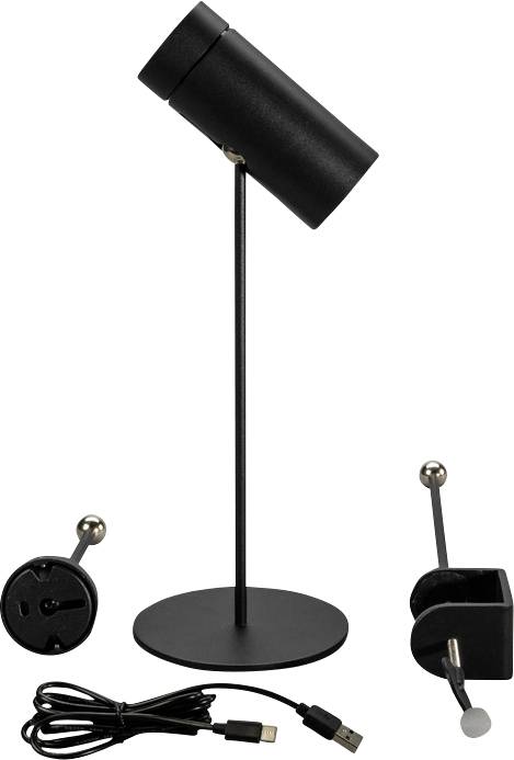 En sort skrivebordslampe med et cylinderformet hoved på en høj fod, ledsaget af en USB-kabel og en klemme til montering.