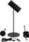 En sort skrivebordslampe med et cylinderformet hoved på en høj fod, ledsaget af en USB-kabel og en klemme til montering.
