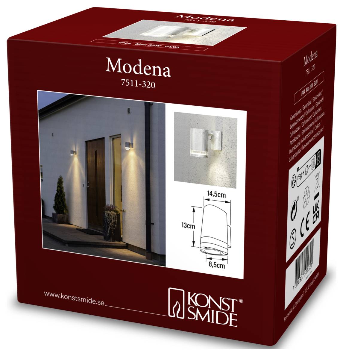 Boks til 'Modena' udendørs væglampe, model 7511-320, fra Konstsmide. Udstyret med et natbelyst husefoto, dimensioner og produktdetaljer.