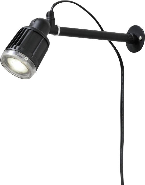 En sort vægmonteret spotlampe med et rundt hoved og en strømledning, placeret i en vinkel for justerbar belysning.