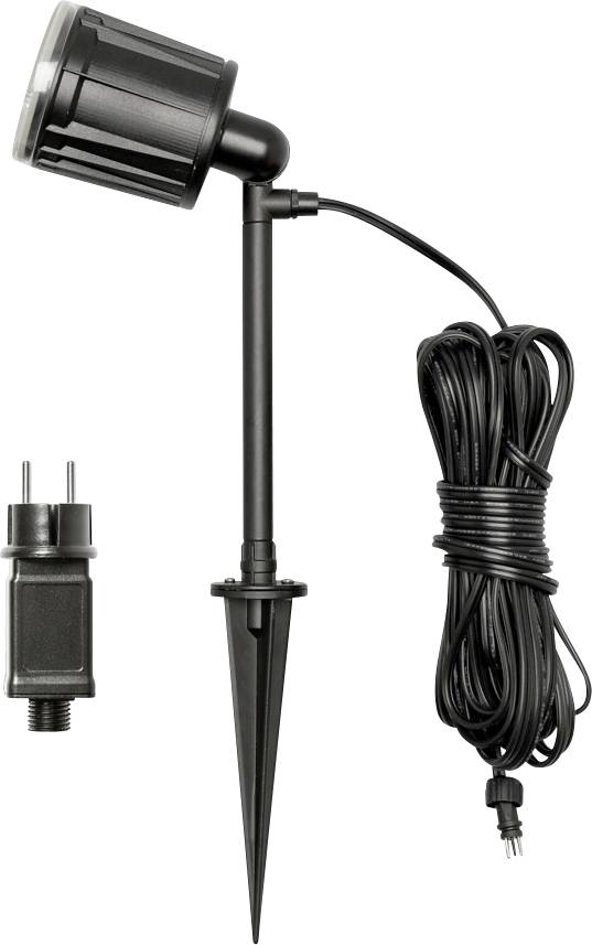 LED-projektør til udendørs brug med sort jordspyd og lang strømledning, designet til havbelysning. Inkluderer en stikadapter for nem installation.