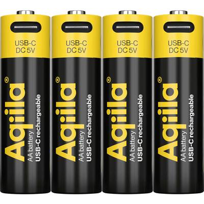 Fire sorte og gule USB-C genopladelige AA-batterier mærket 'Agiiila', 'USB-C, DC 5V', placeret lodret i en række.
