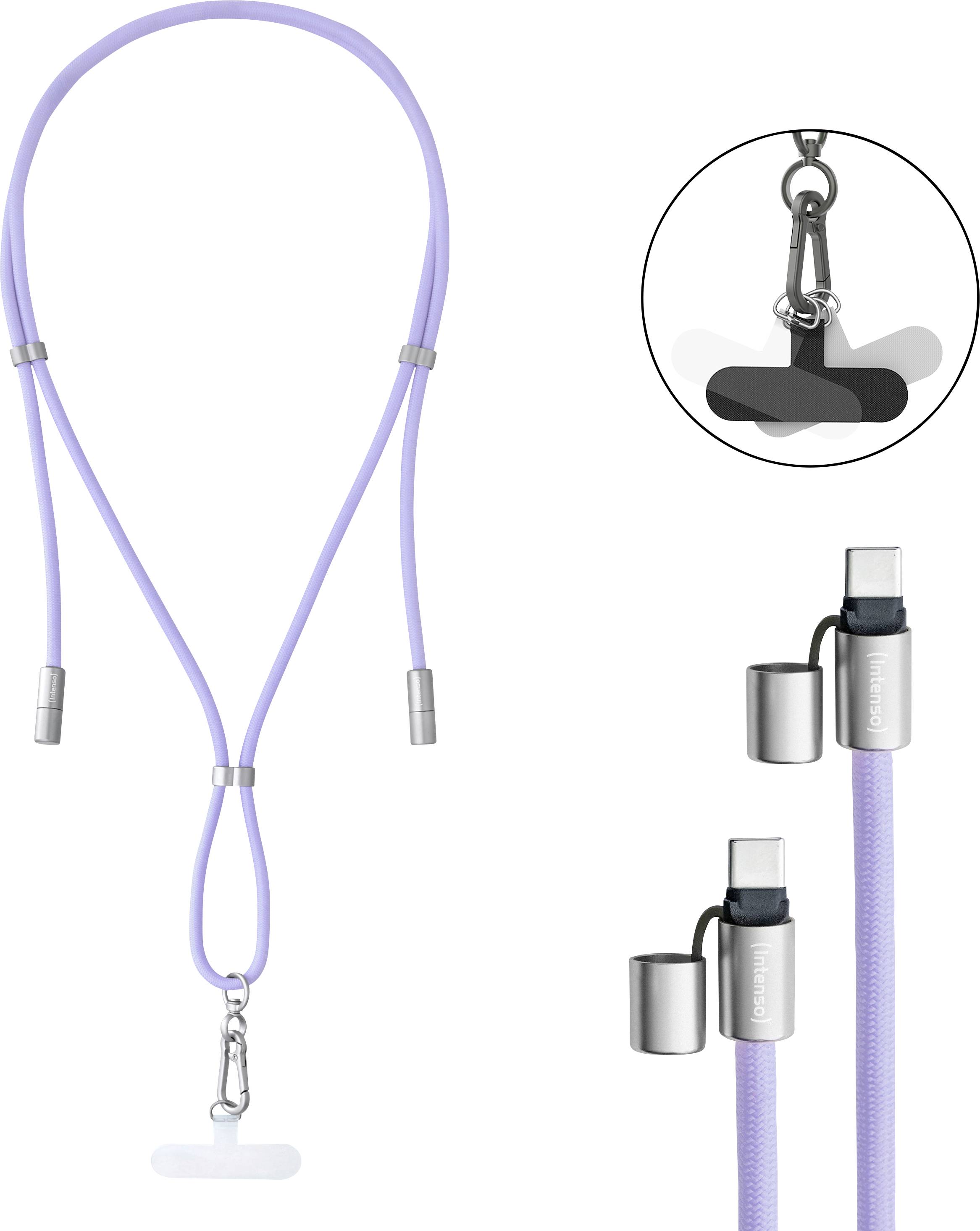 En lavendelfarvet snor med et lille spænde og ringe i begge ender, designet til sikkert at holde høretelefoner. Inkluderer et nærbillede af høretelefonophængene.
