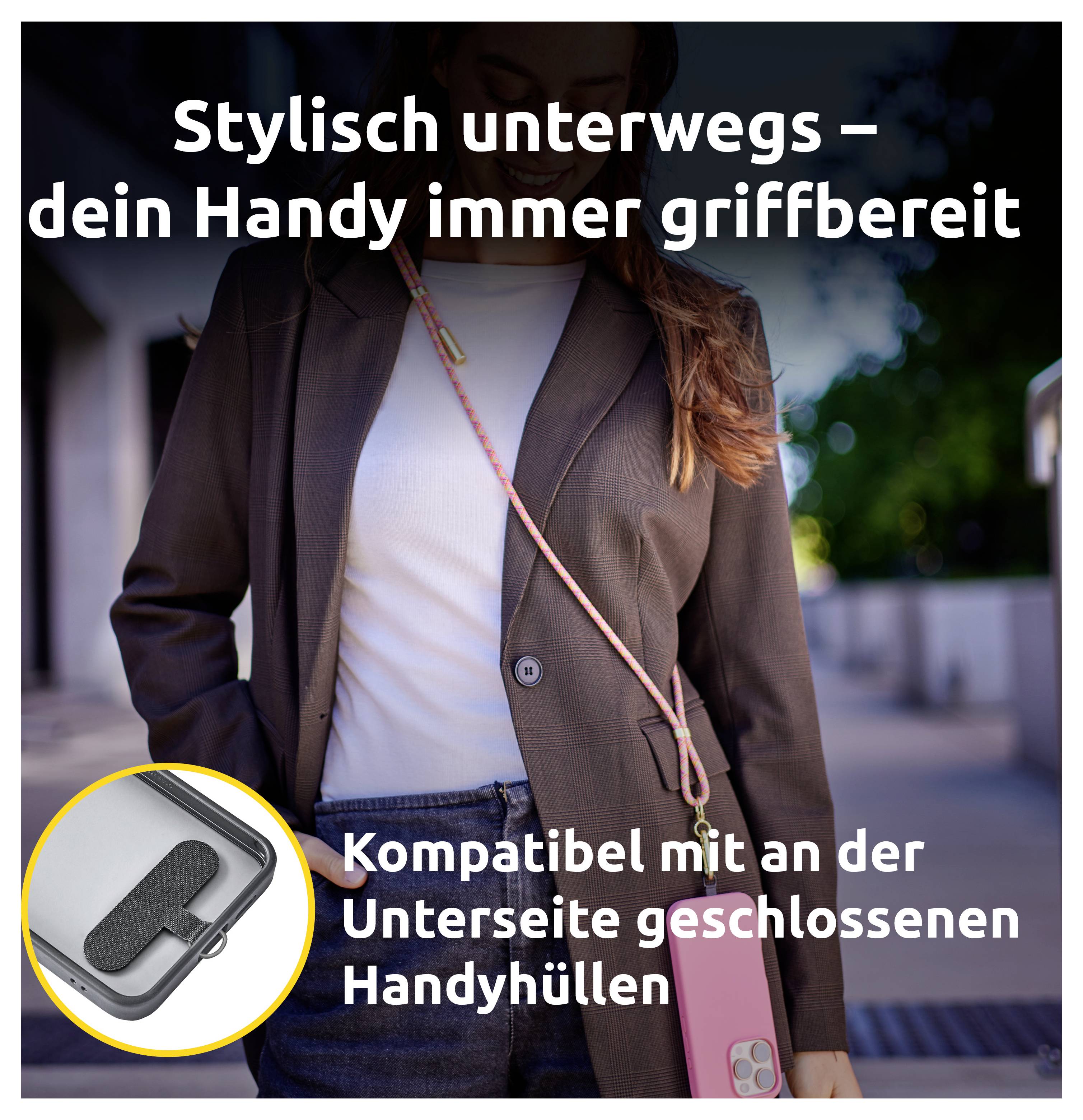 Person i jakkesæt, der holder en smartphone med en skulderrem. Tekst læser 'Stilfuldt undervejs – din mobil altid inden for rækkevidde' og 'Kompatibel med lukkede mobilcovers på undersiden'.