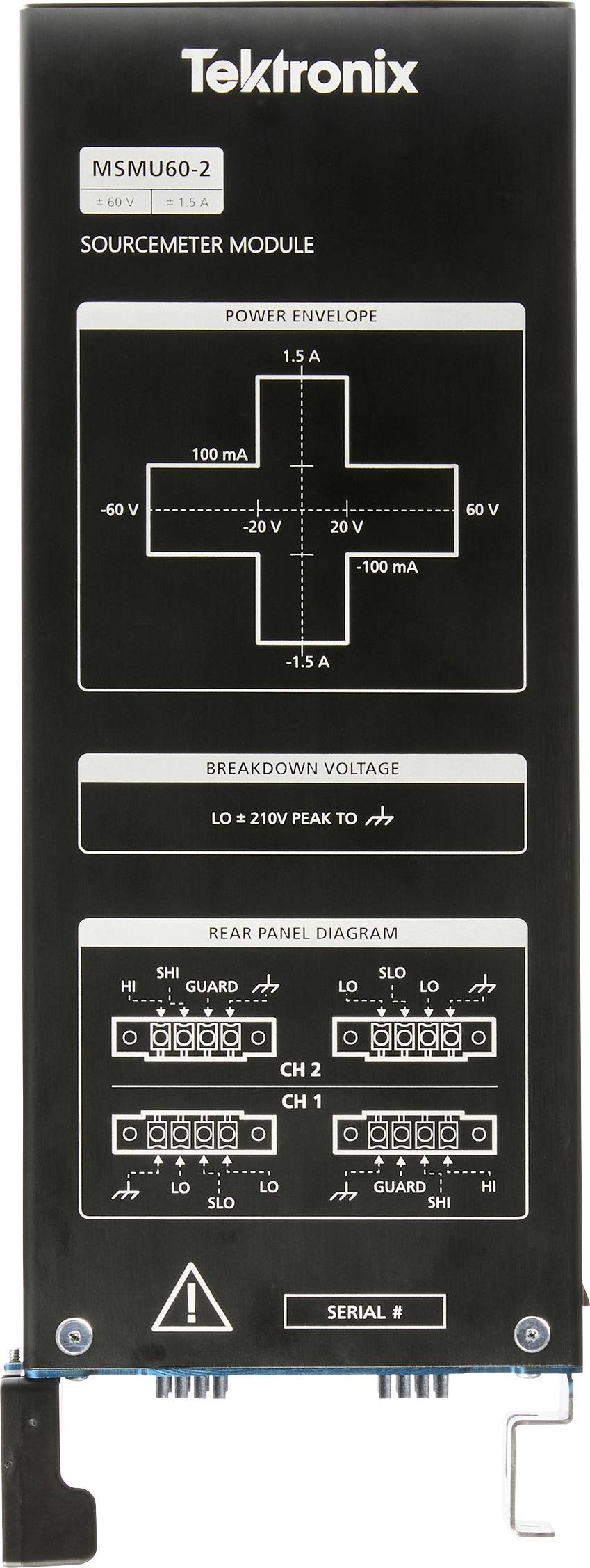 'Frontpanel på Tektronix MSMU60-2 Sourcemeter-modulen, der viser effektomhylningskurve, gennembrudsspænding og diagram over bagpanelet.'