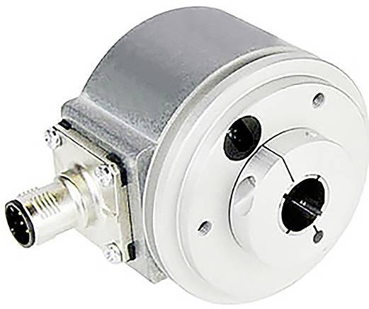En industriel encoder med en grå, cylindrisk krop og en stikforbindelse i siden, bruges til måling af vinkelrettet bevægelse eller position.
