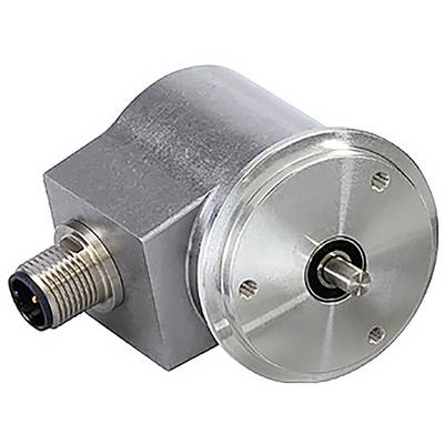 En kompakt metalrotationsencoder med en cylindrisk krop og en fremstående aksel, forsynet med en synlig stikforbindelse til elektronisk interface.