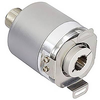 En cylindrisk metallisk enhed, muligvis en rotationsencoder eller motorkomponent, med synlig monteringsbeslag og skruer til fastgørelse.