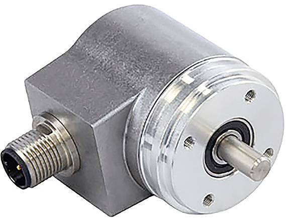 En metalisk roterende encoder med en cylindrisk aksel og gevindstik, som bruges til præcis positions- eller vinkelmåling i maskiner.