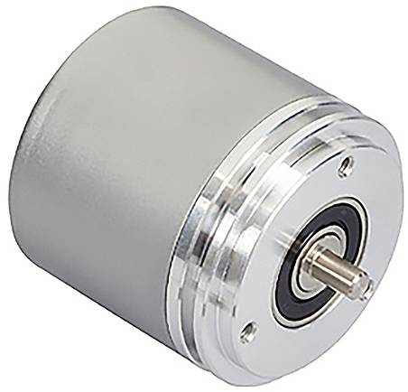 En sølvfarvet rotationsencoder med en cylindrisk krop og synlig central aksel, designet til at måle positionen eller bevægelsen af et roterende objekt.