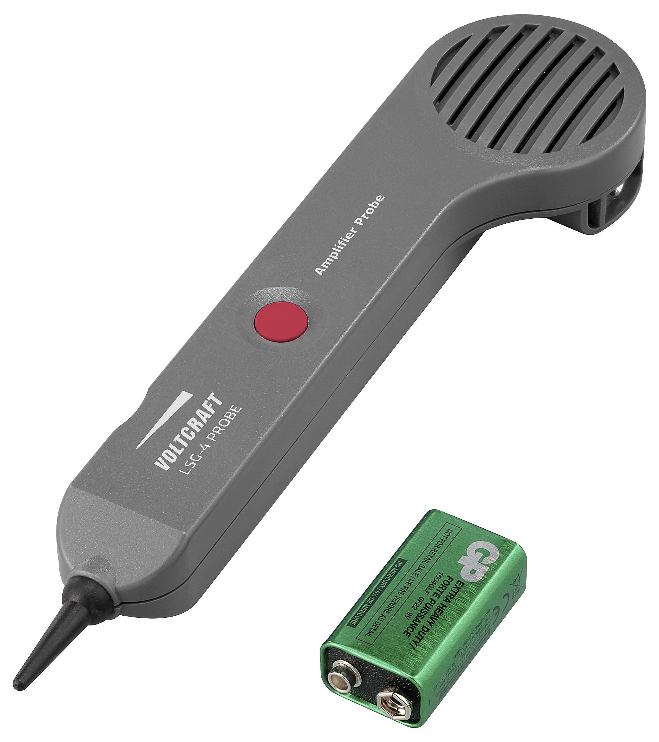 Forstærkerprobe med Voltcraft-mærke ved siden af et 9V-batteri, bruges til at detektere signaler i kabler.