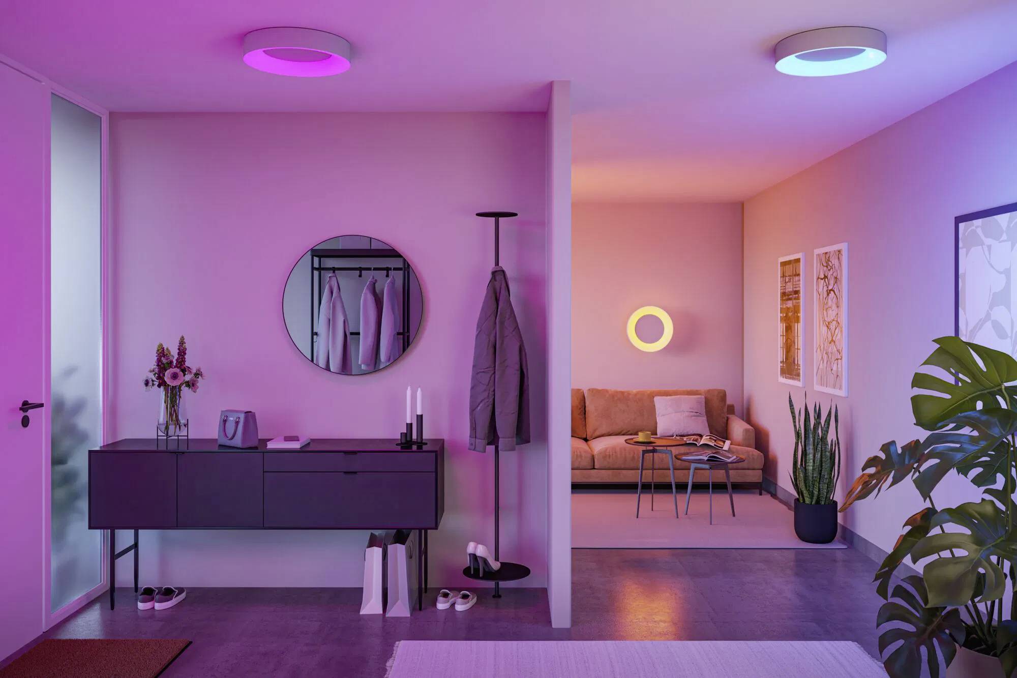 Et moderne dagligstue med lilla og lyserød ambient belysning. Udstyret med en sofa, sofabord, knagerække, planter og vægkunst.