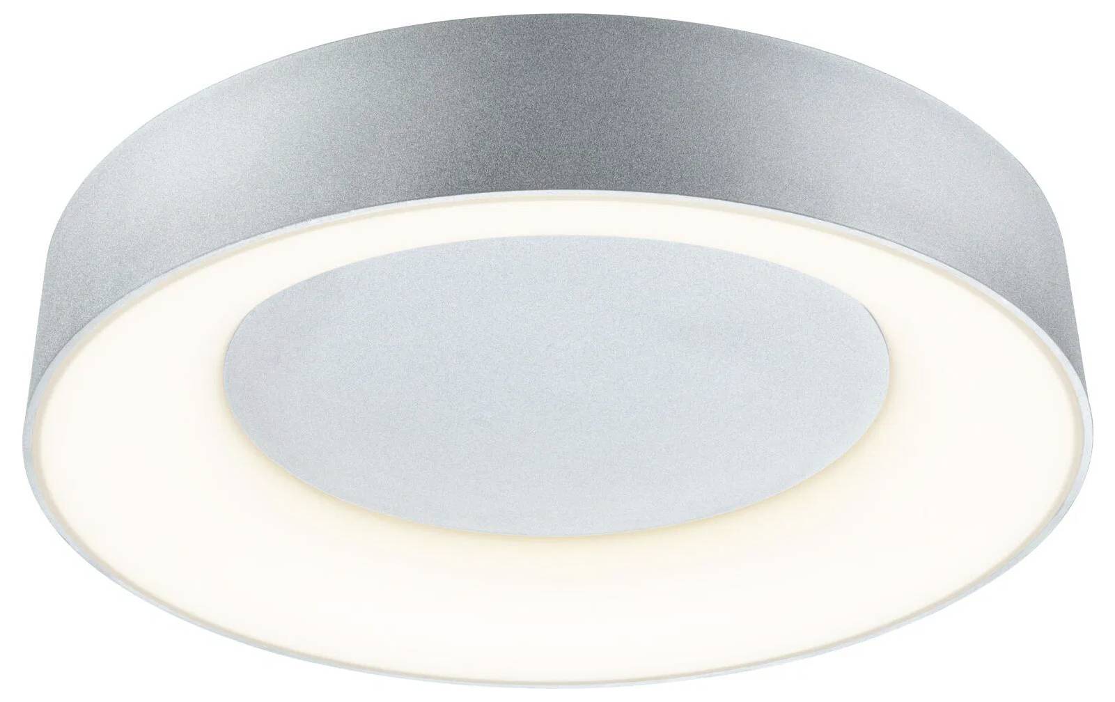 En cirkulær, moderne loftslampe med en elegant, sølvfarvet kant og et lysende hvidt center, designet til moderne interiører.