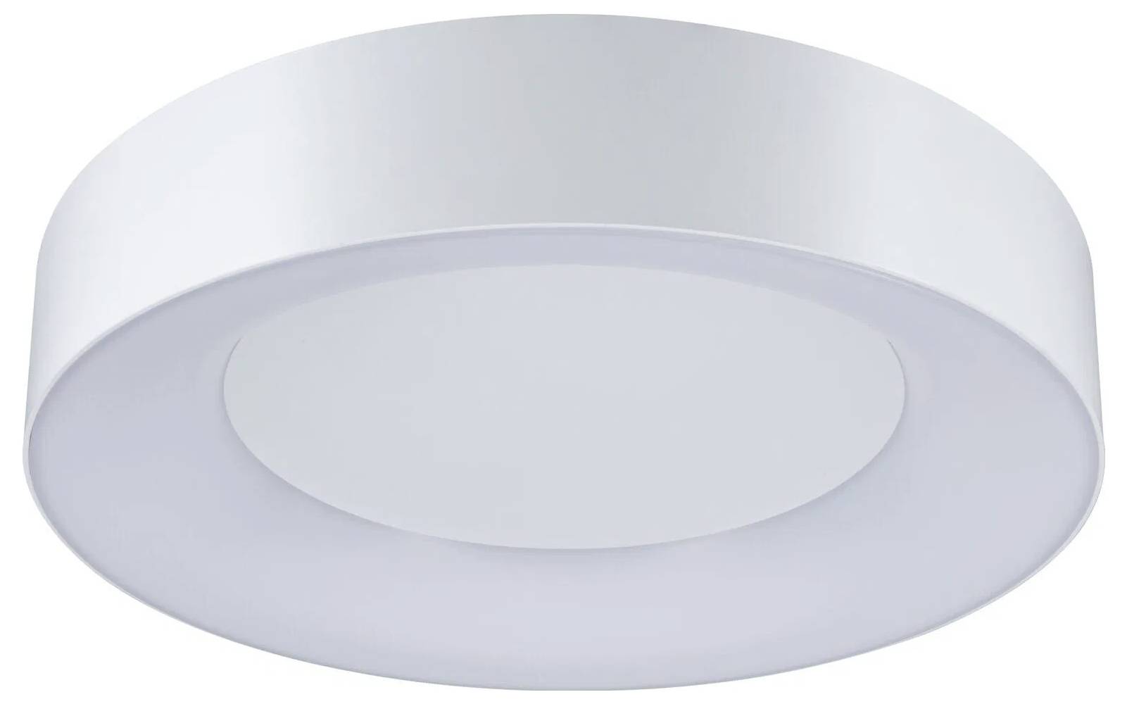 En rund, hvid loftslampe med glatte kanter, der udsender blød, ensartet belysning.